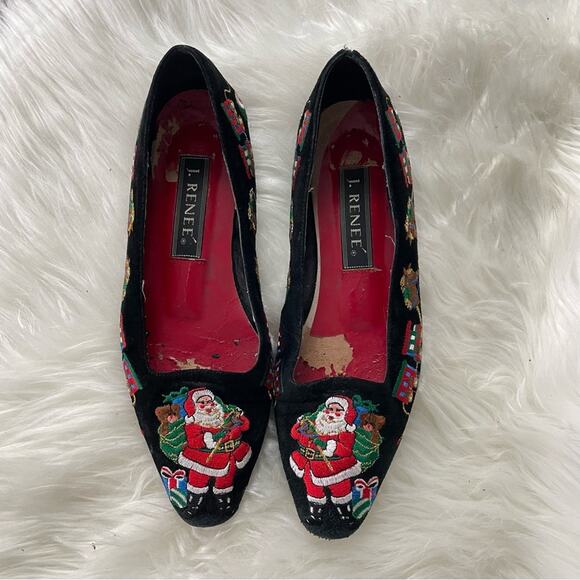 J.Renee Women’s Christmas Santa Reindeer Embroidered Black Flats Loafers Holiday - Picture 2 of 7